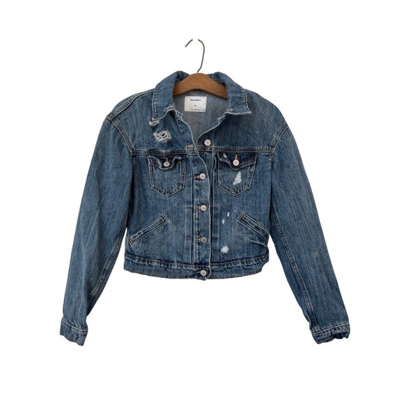 Old Navy Cropped Denim Jean Trucker Jacket Women XS Distressed Blue Chic Trendy - Picture 2 of 9